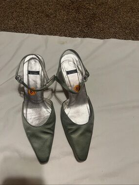 Stuart Weitzman gray matte satin heels. Rhinestone detail